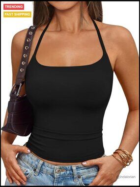 Double Lined Halter Tops Self Tie Backless Crop Tank Top Y2K Summer Going Out